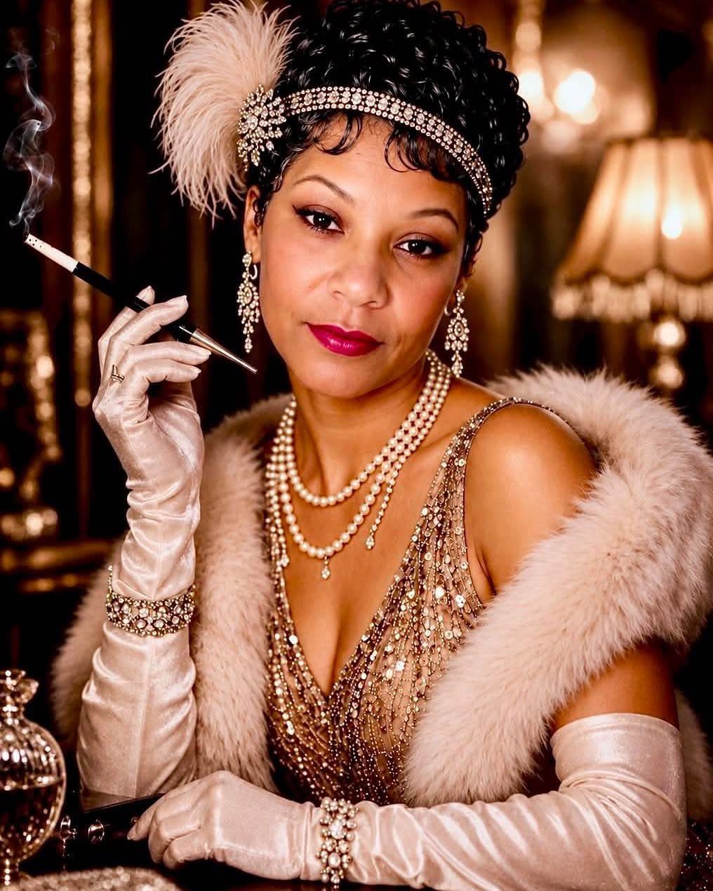 Woman in 1920s fashion wearing pearls, a headband, and long gloves while holding a cigarette holder.