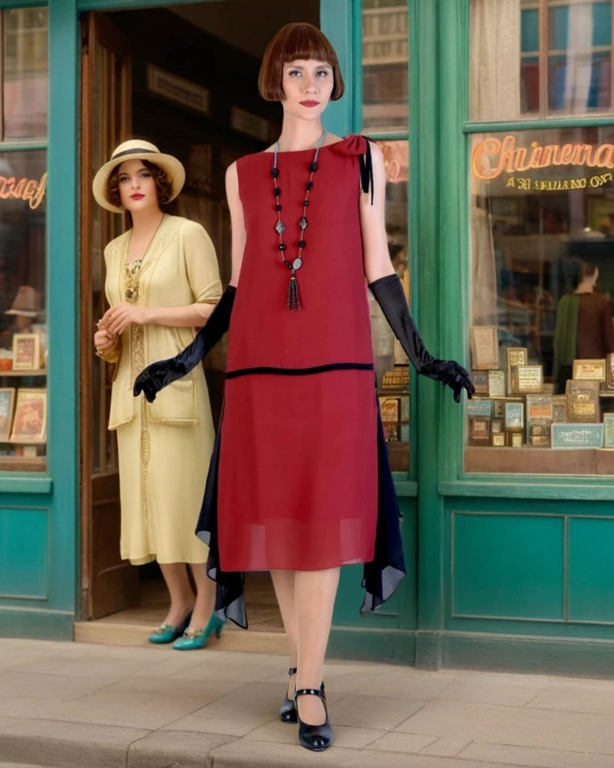 A woman in a red 1920s shift dress and black gloves walking in front of a vintage shop.