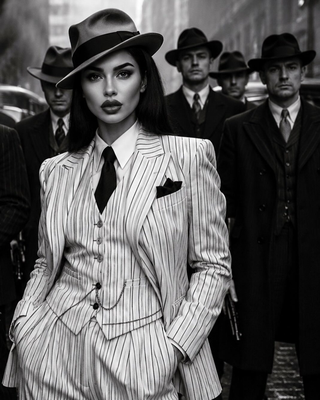 A woman wearing a pinstripe suit and fedora stands in front of men in suits.