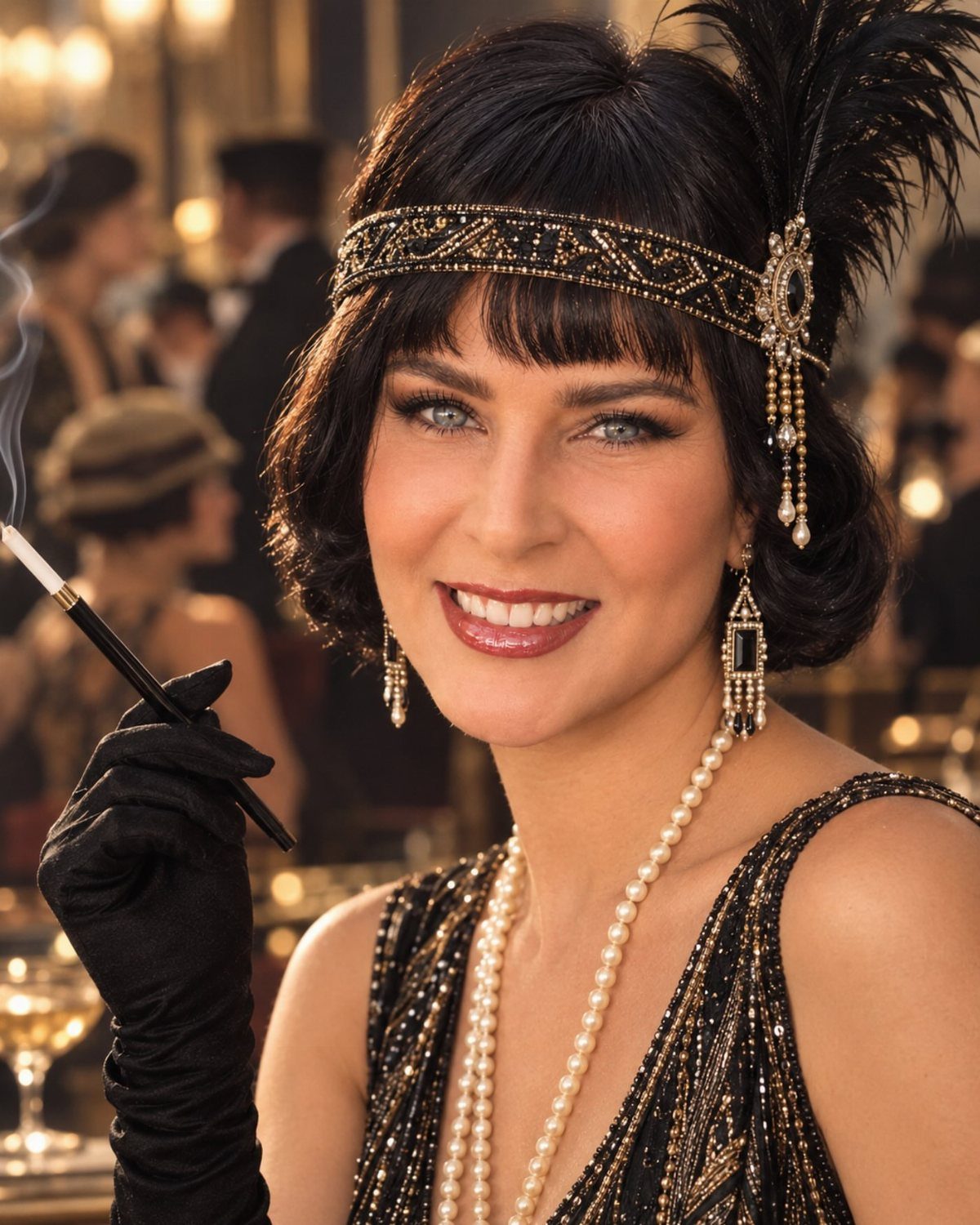 A smiling woman wearing a black beaded headband with a large black feather and pearl necklaces.