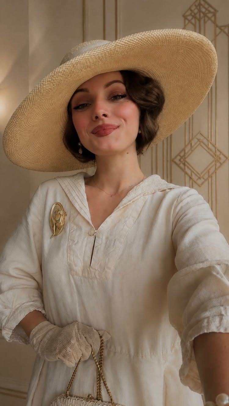 Woman in a white linen dress, large straw hat, and lace gloves smiling.