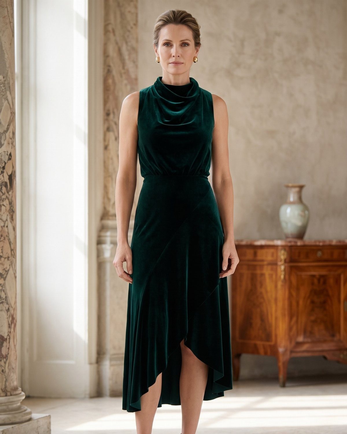 A woman posing in a sleeveless emerald green velvet cocktail dress with an asymmetrical hem.