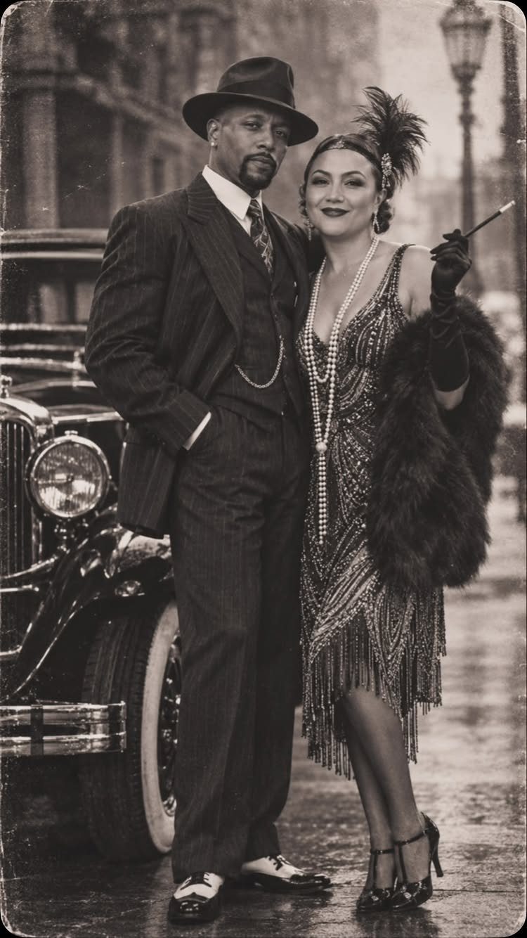 A man in a vintage suit and a woman in a flapper dress posing by a classic car.