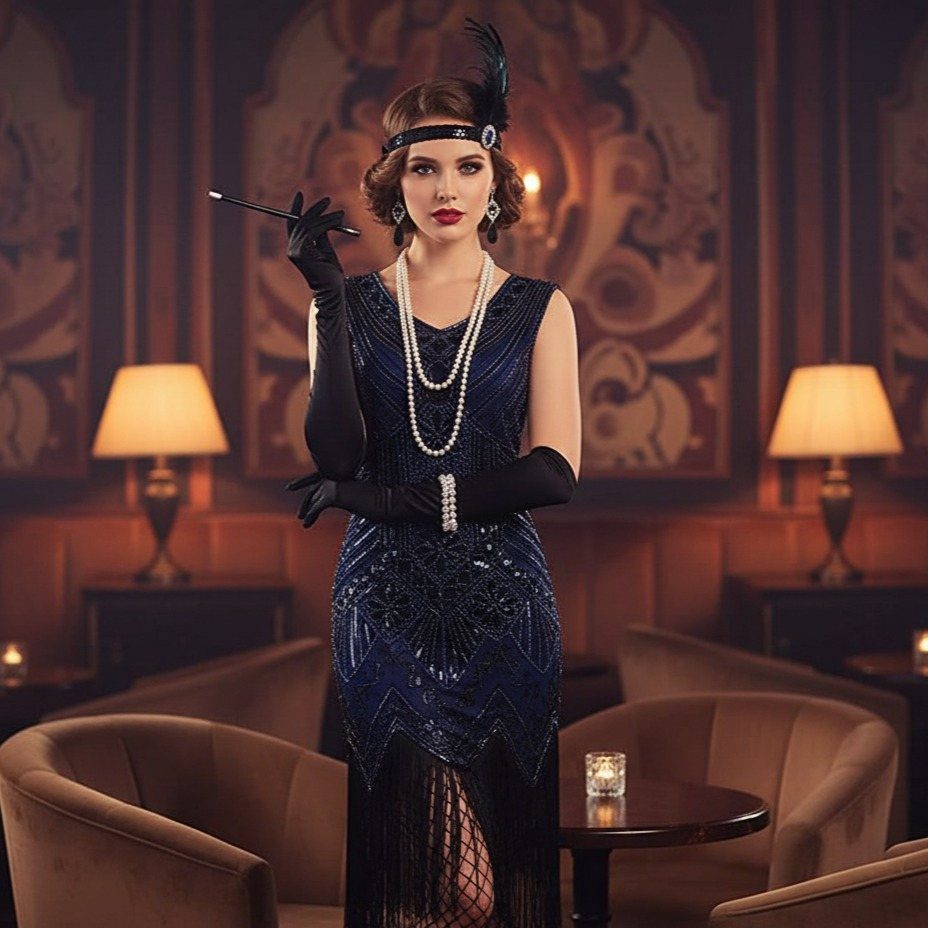 Woman in a blue sequined flapper dress with fringe and long black gloves posing in a lounge.