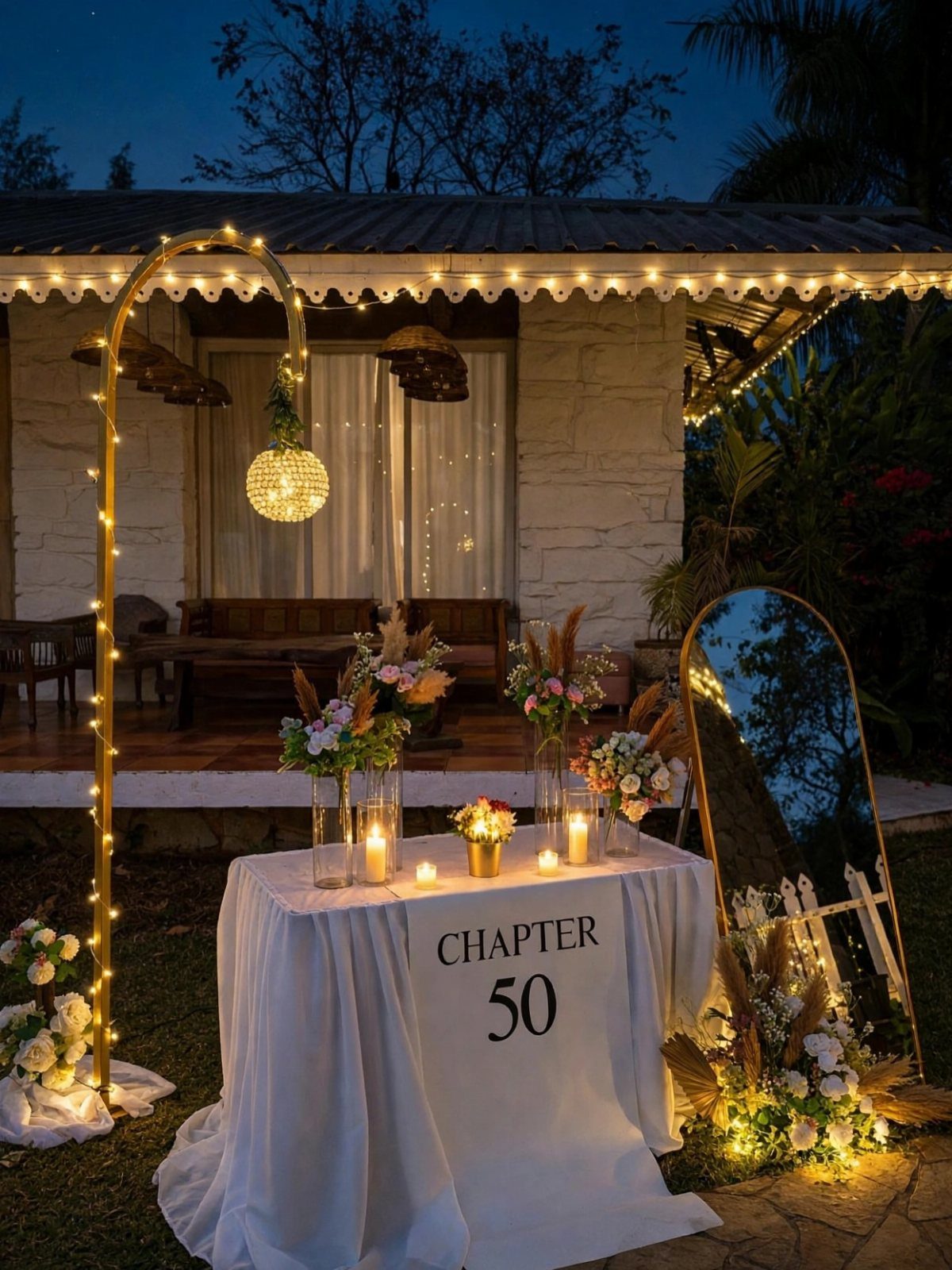 A decorated table with flowers and candles featuring a sign that says Chapter 50.