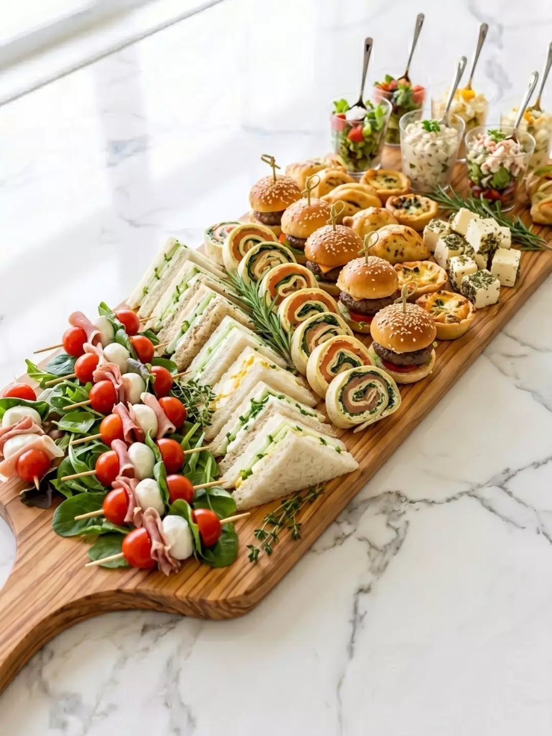 Assorted party appetizers including sliders, sandwiches, and skewers arranged on a wooden board.