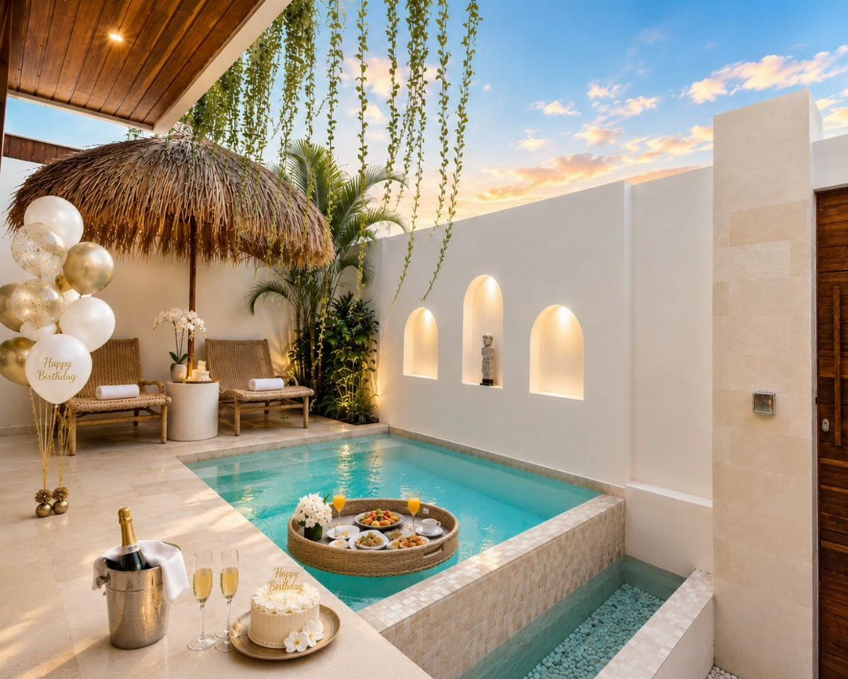 Luxury poolside patio with birthday balloons, champagne, cake, and a floating breakfast tray.