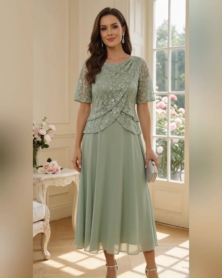 A woman posing in a sage green lace midi dress holding a silver clutch.