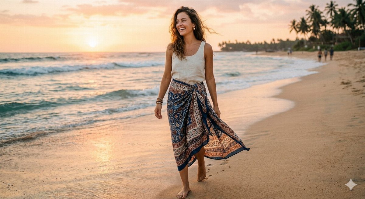 A woman wearing a blue patterned sarong walks along a beach during a sunset.