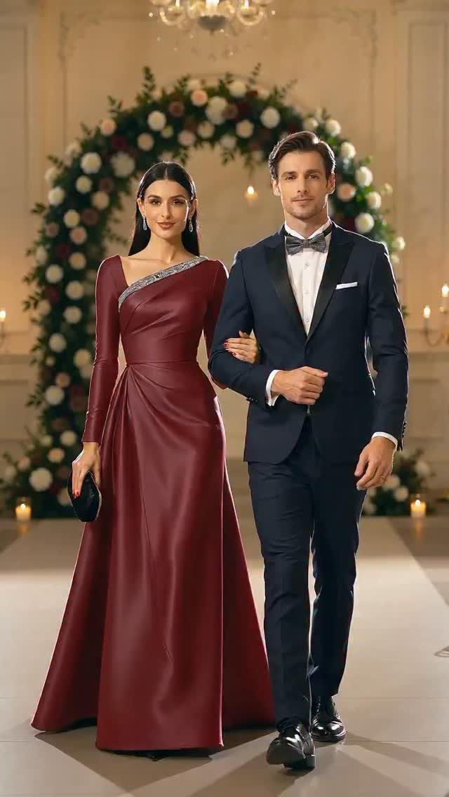 A man in a tuxedo and a woman in a maroon gown walking through a formal event space.