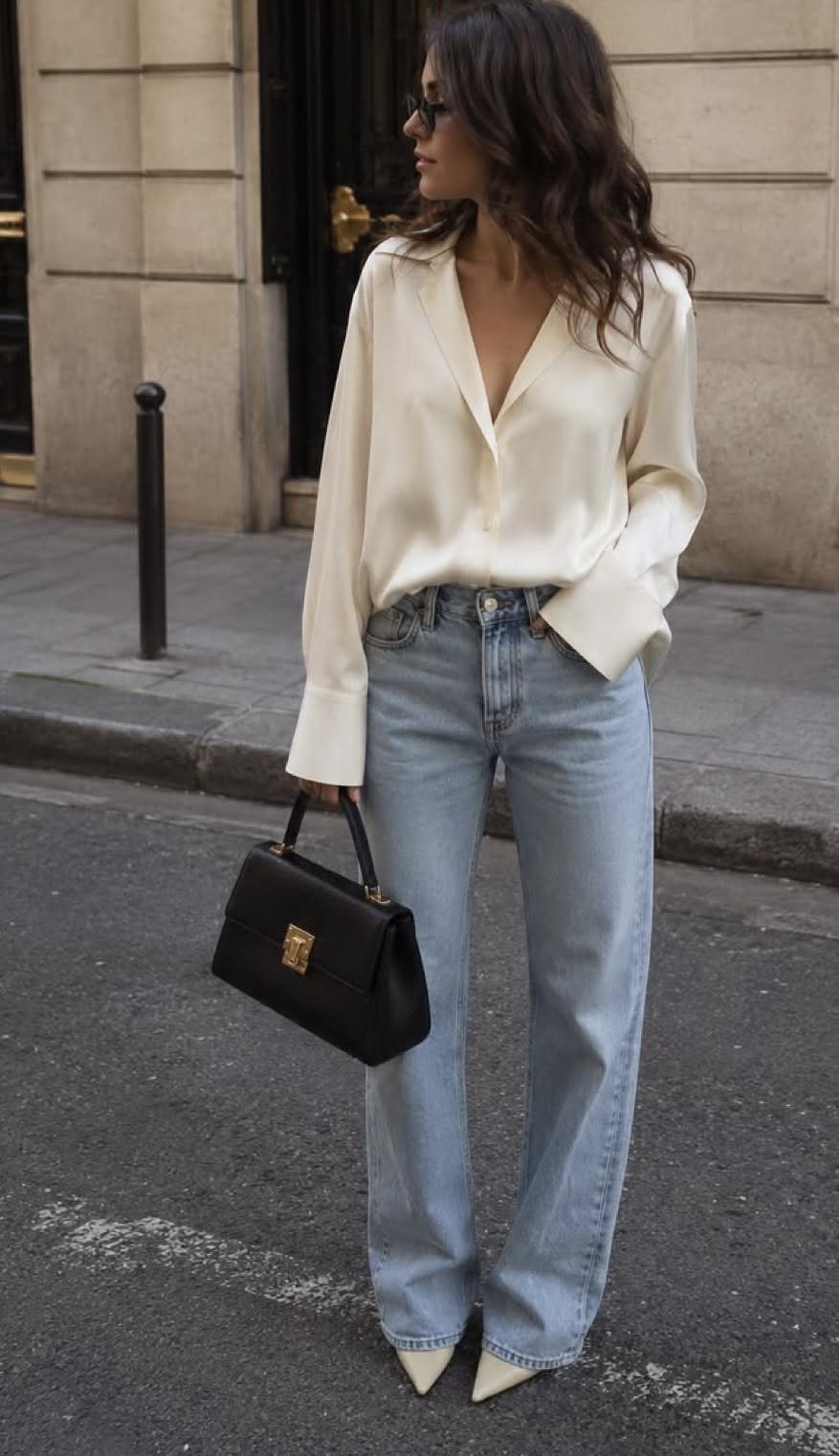 Woman in cream silk blouse and light blue jeans standing on a city street.