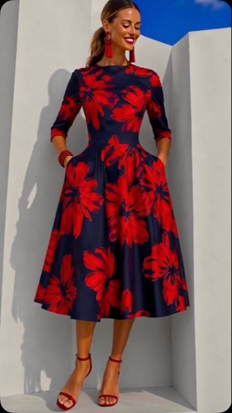 A woman wearing a navy and red floral midi dress and red high heels.