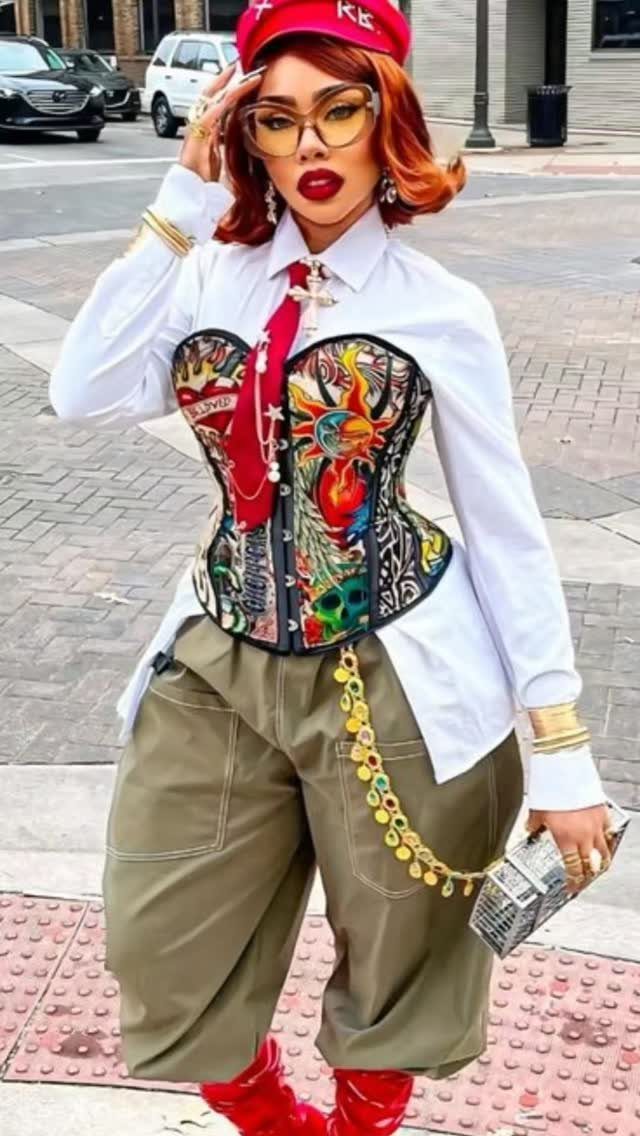 Woman posing in a white shirt, colorful graphic corset, olive cargo pants, and red accessories.