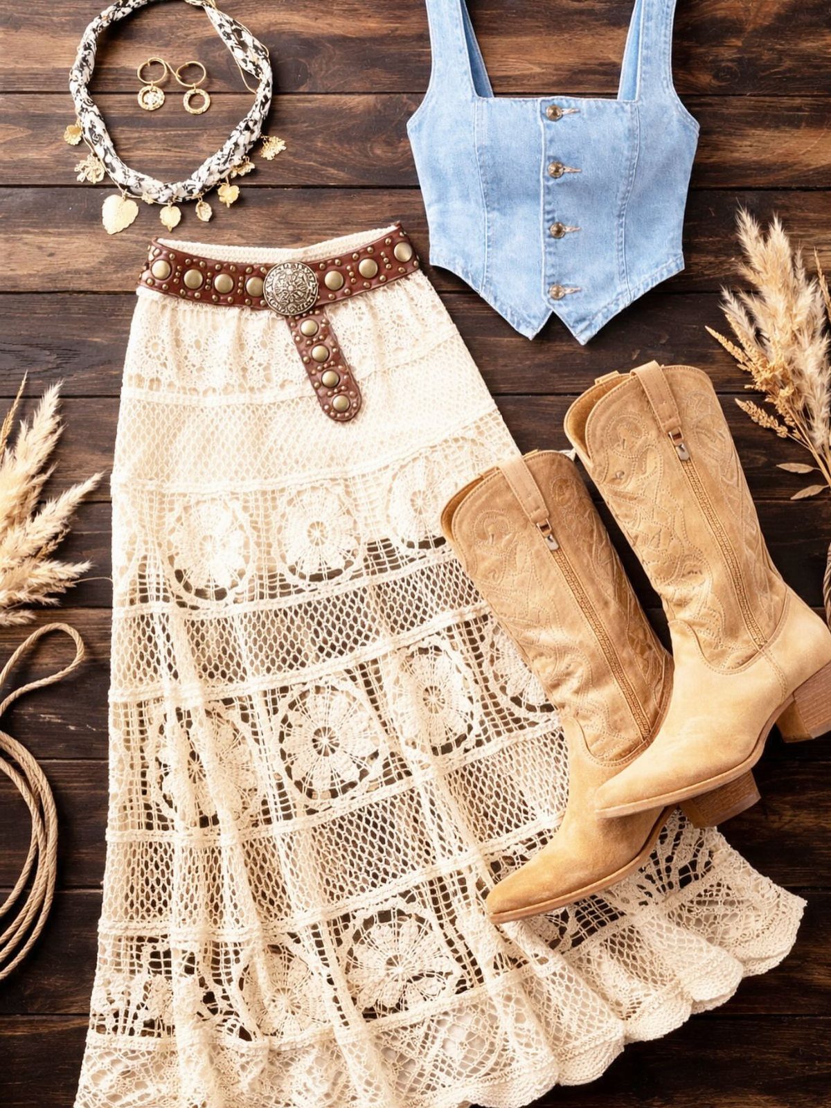 Flat lay of a denim top, lace skirt, studded belt, and cowboy boots on wood.