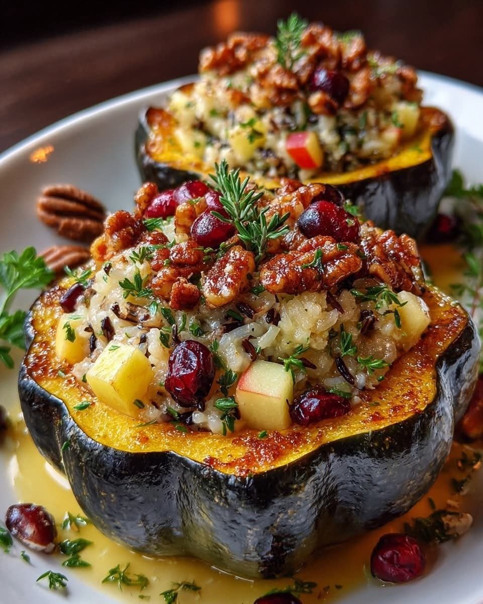 Two roasted acorn squash halves stuffed with grains, walnuts, and pomegranate seeds on a white plate.