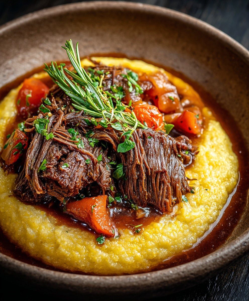 Shredded braised meat and red peppers served over creamy yellow polenta in a dark bowl.