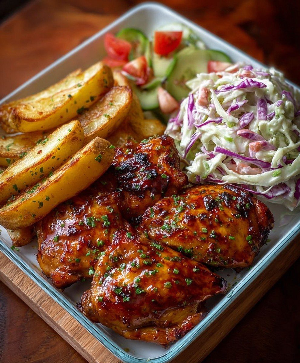 Glazed roasted chicken thighs served with potato wedges, coleslaw, and a fresh vegetable salad.
