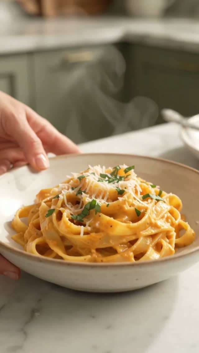 Creamy pumpkin pasta topped with parmesan and herbs steaming in a ceramic bowl held by hands.