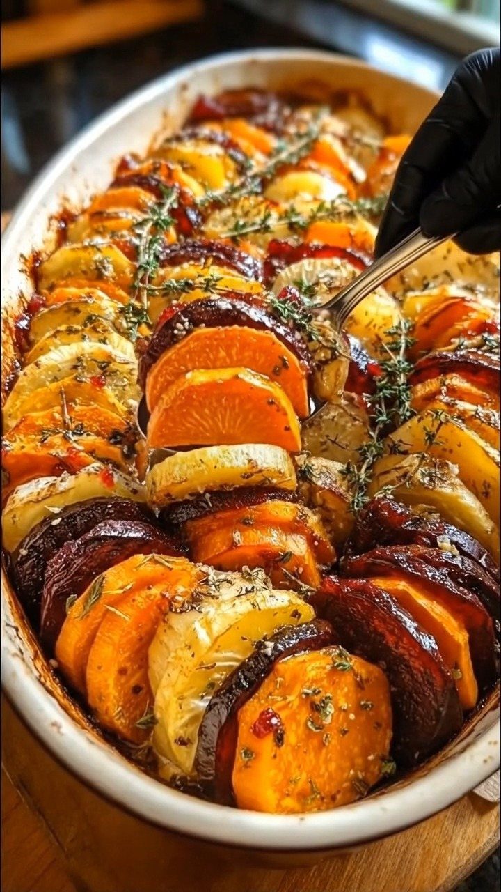 Sliced roasted sweet potatoes, beets, and yellow potatoes garnished with thyme in a white baking dish.