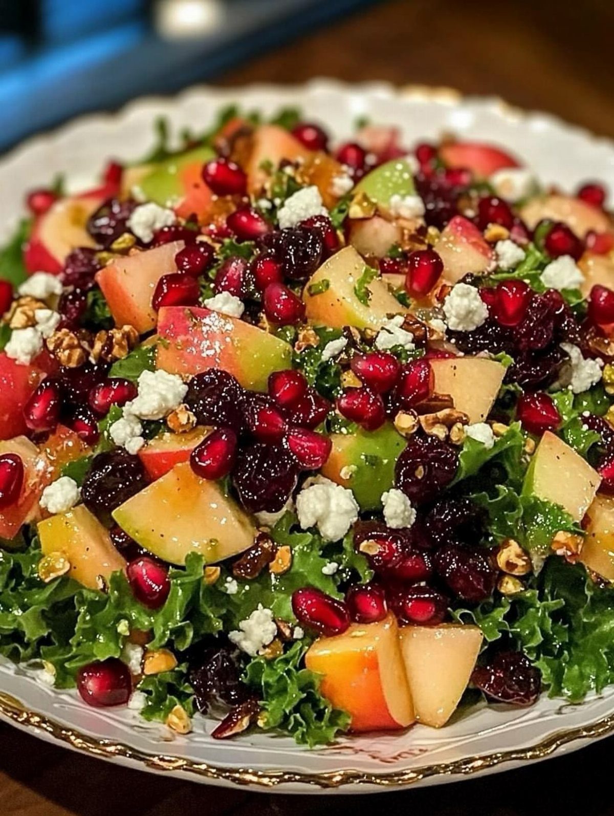 A fresh kale salad topped with sliced apples, pomegranate seeds, feta cheese, and nuts.