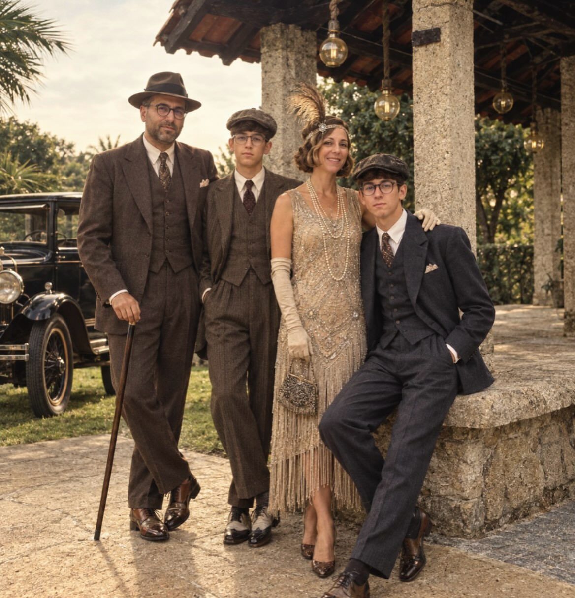 A family dressed in 1920s vintage costumes posing outdoors near a classic car.