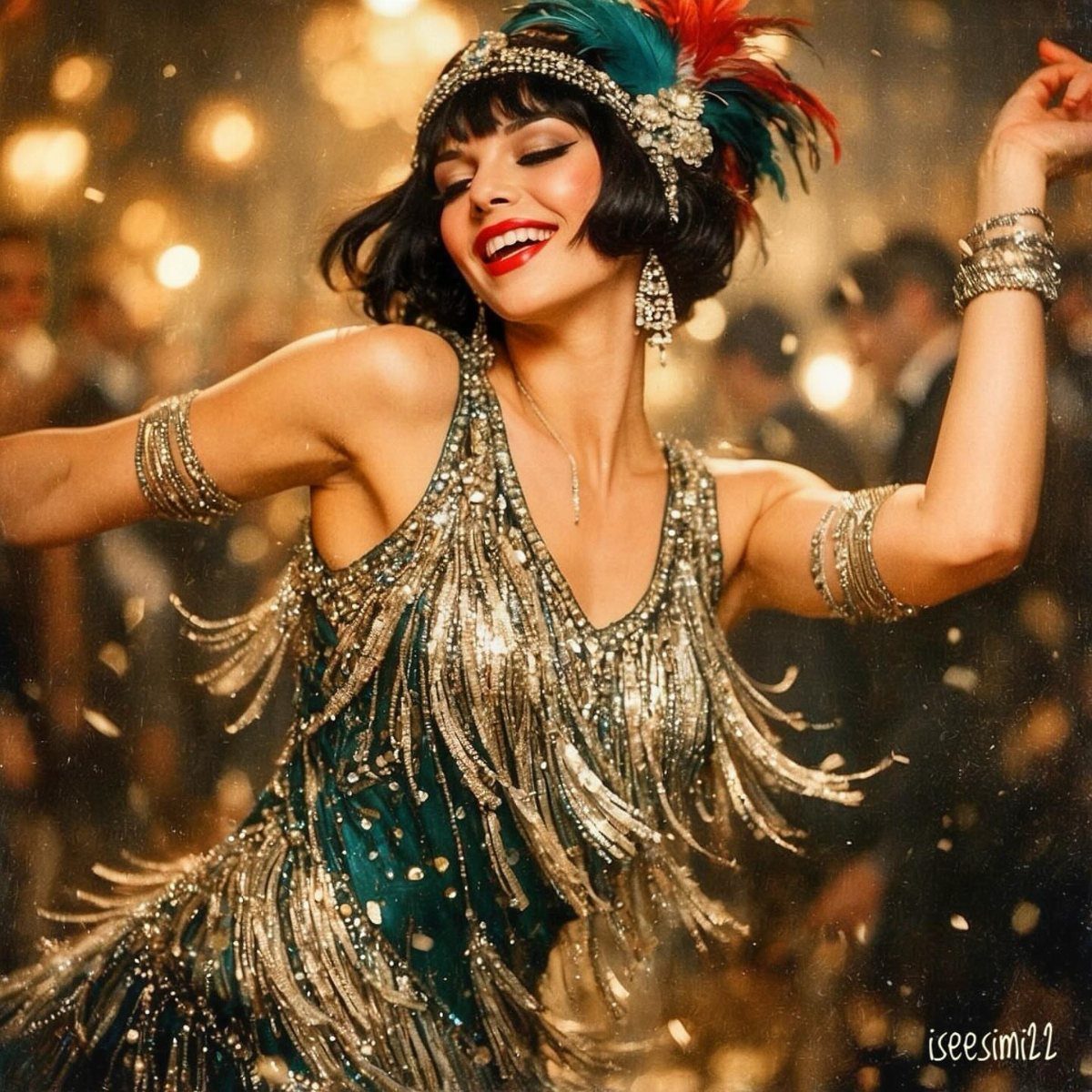 A woman in a sparkling teal fringe dress dancing at a festive party.