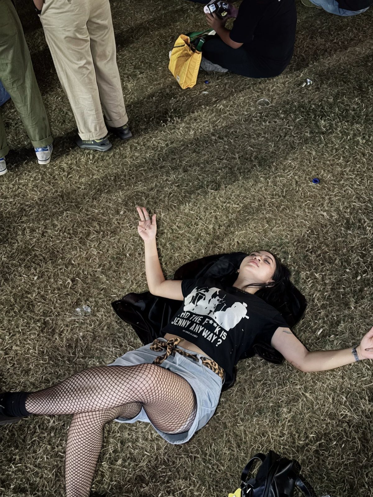 Woman lying on grass wearing a black graphic crop top and denim shorts with fishnet tights.