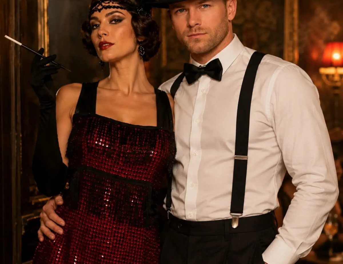 A man and woman posing in 1920s flapper and formal attire.