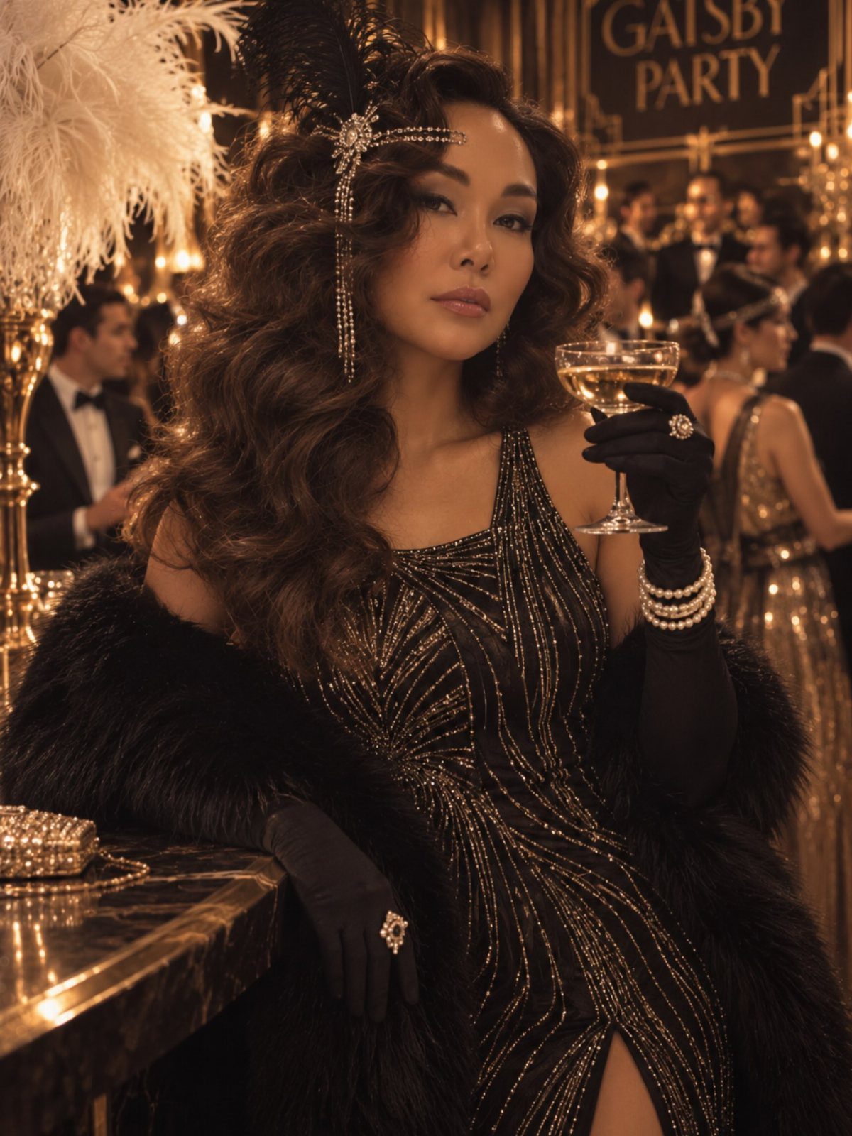Woman in a black and gold beaded Art Deco dress holding a cocktail glass at a party.