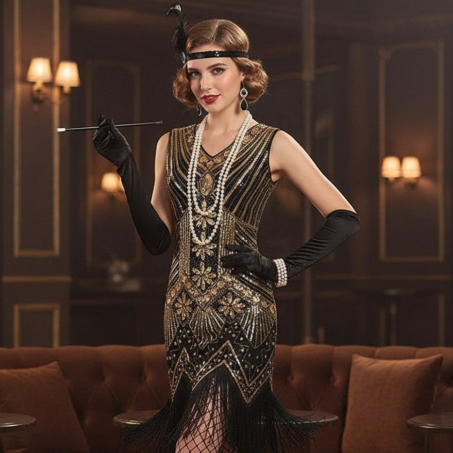 Woman wearing a black and gold flapper dress with layered long pearl necklaces and black gloves.
