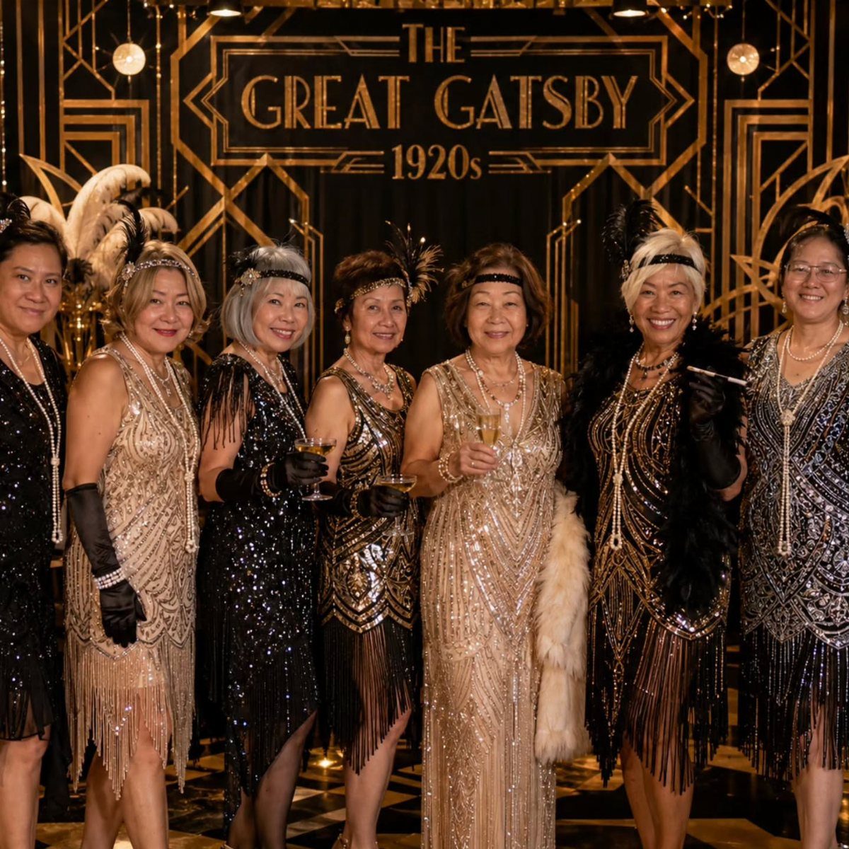 Seven women posing in sparkling 1920s flapper dresses and vintage accessories against a Gatsby backdrop.