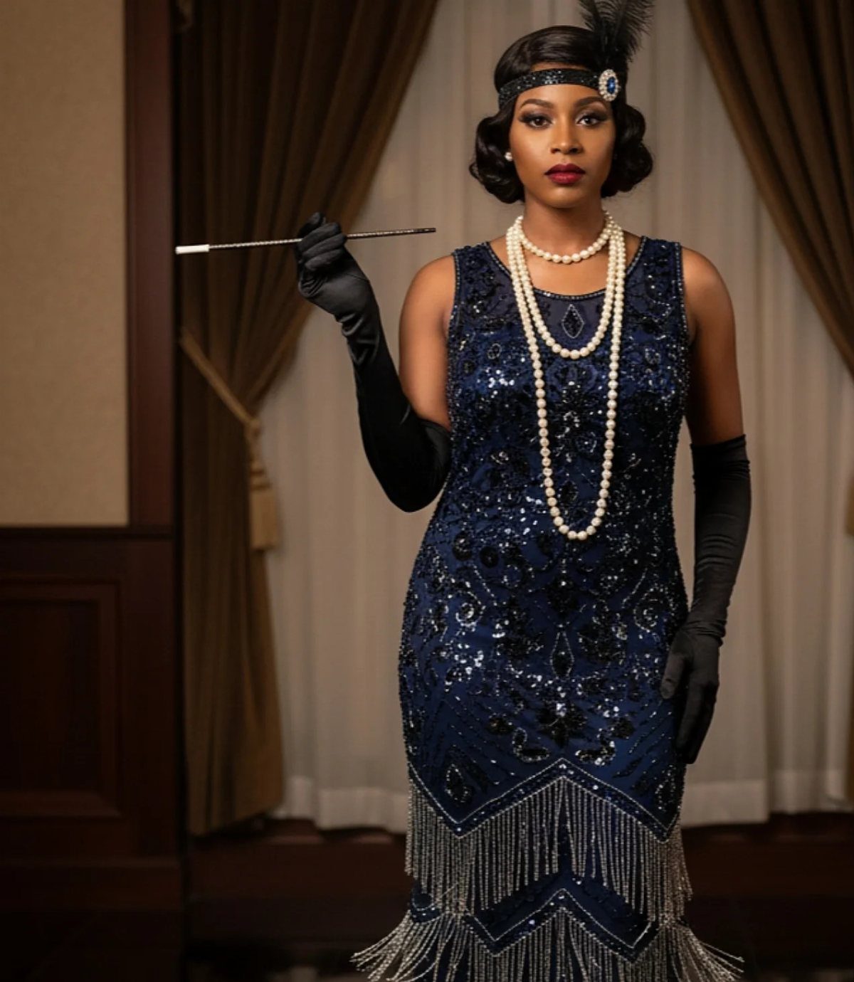Woman in a navy blue sequined flapper dress with long black gloves and pearl necklaces.