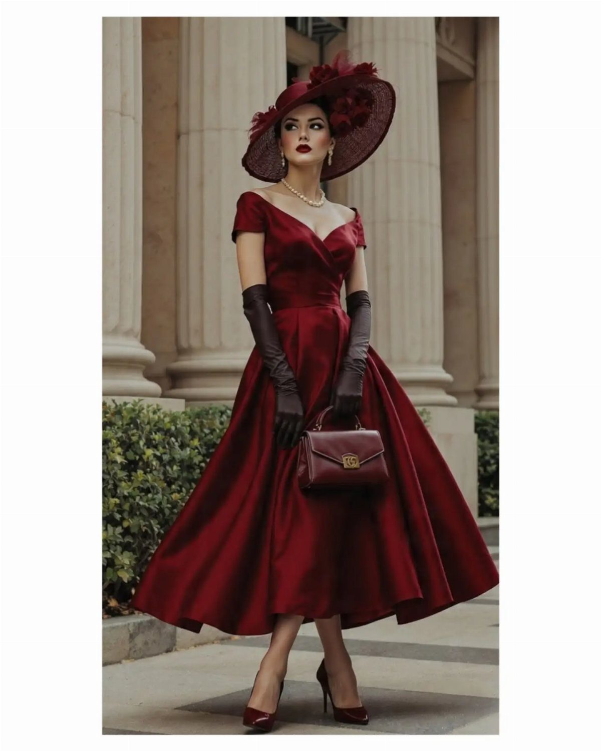 Woman in a red satin dress, long gloves, and wide-brimmed hat posing by columns.