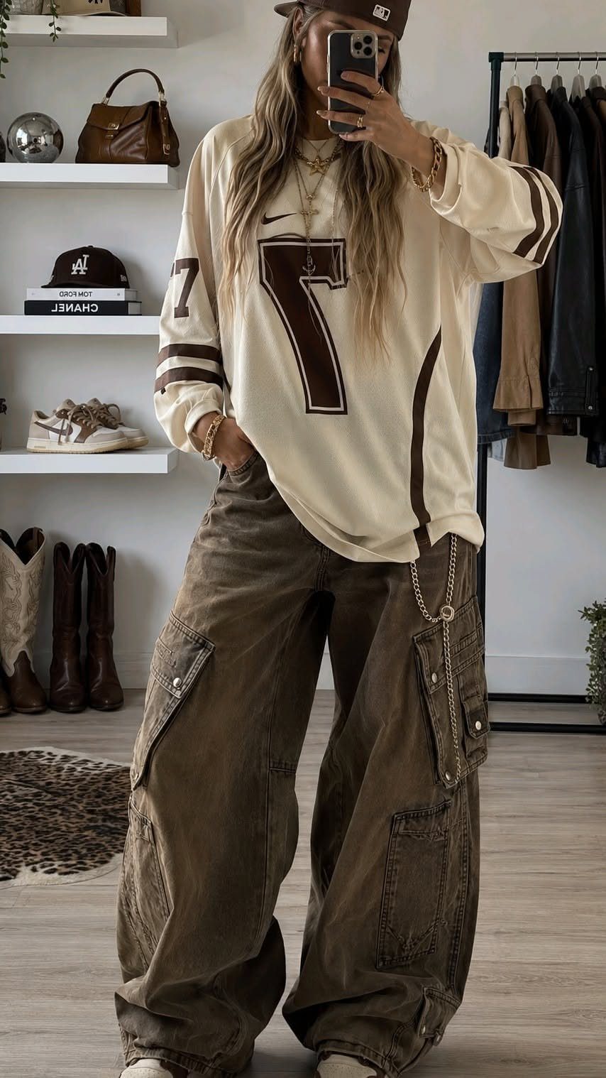 A person posing in an oversized cream jersey and baggy olive green cargo pants with a silver chain.