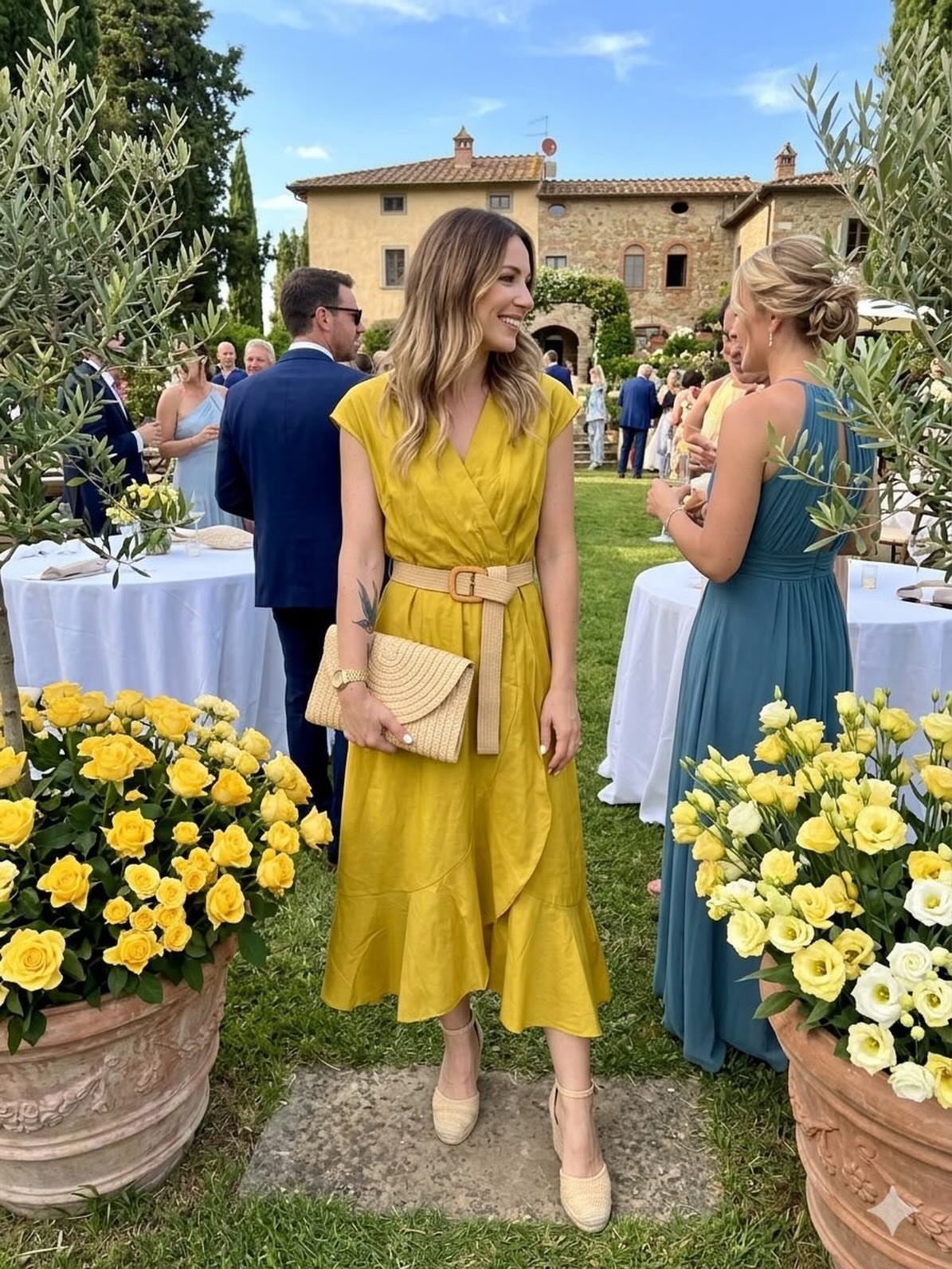 Woman in a yellow wrap dress standing in a sunny Italian garden party setting.