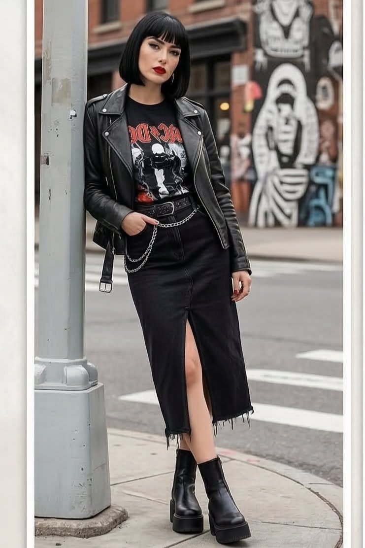 Woman in black leather jacket, graphic tee, and midi skirt posing on a city street.