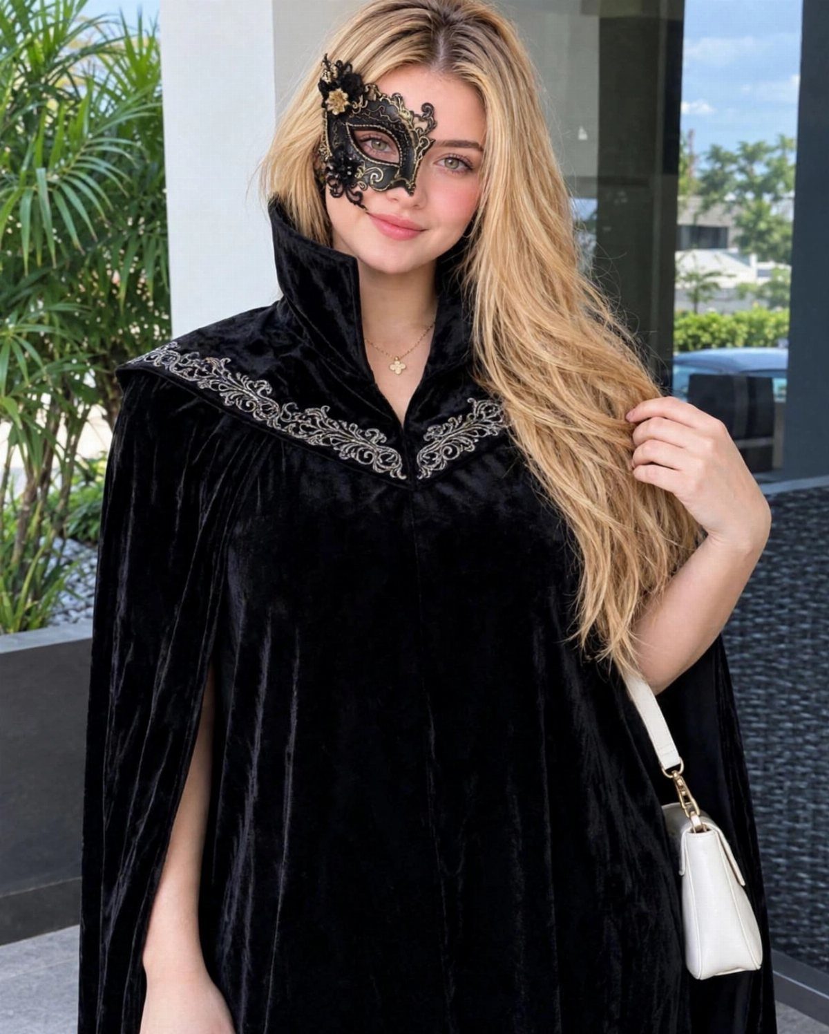 A blonde woman wearing a black velvet cape with silver embroidery and a lace mask.
