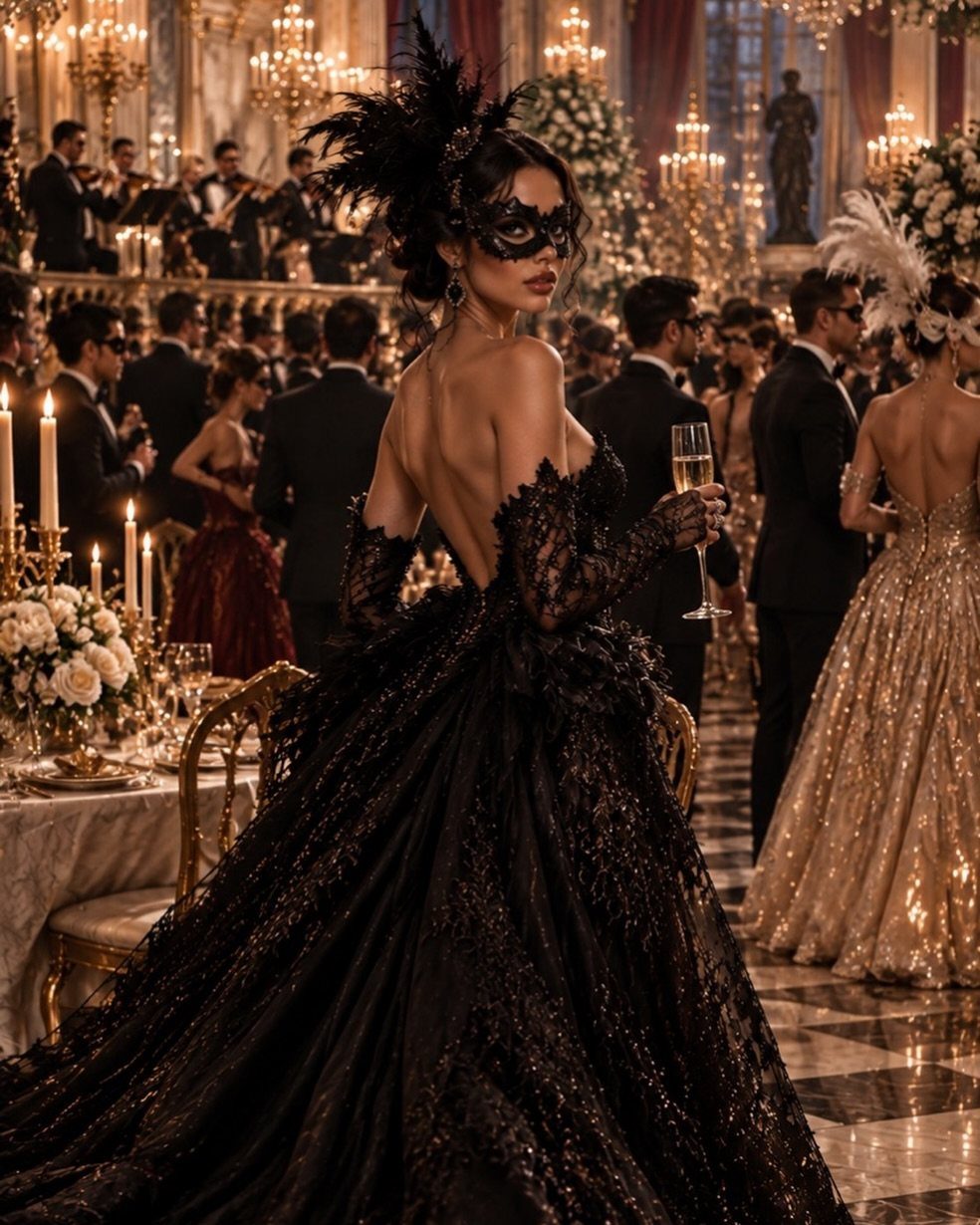 Woman in a black lace gown and feathered mask at a formal masquerade ball.