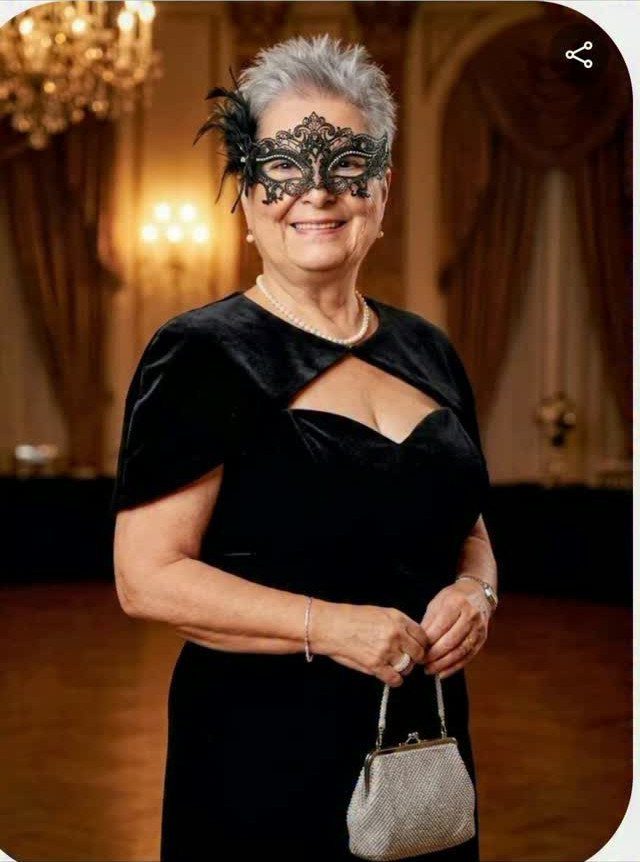 Smiling woman in a black velvet dress and lace masquerade mask holding a silver clutch.