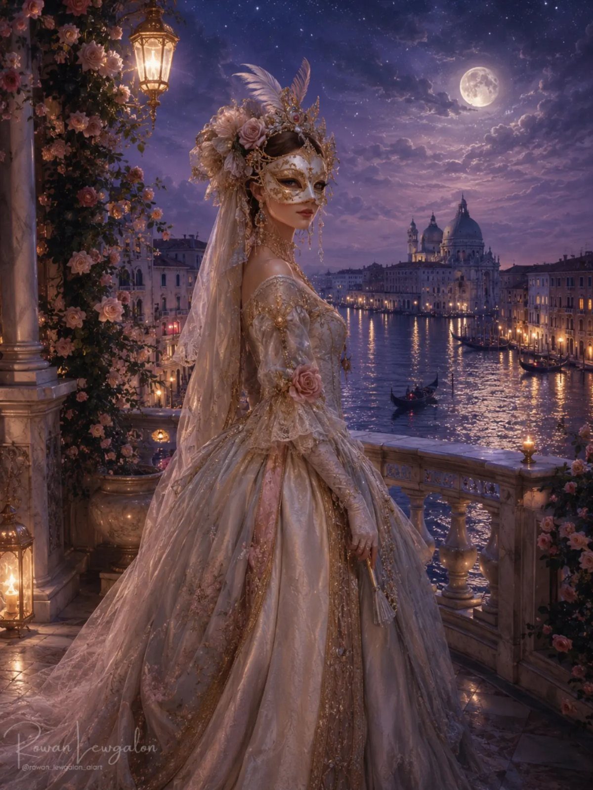 Woman in an ornate cream ball gown and mask overlooking a moonlit Venetian canal.