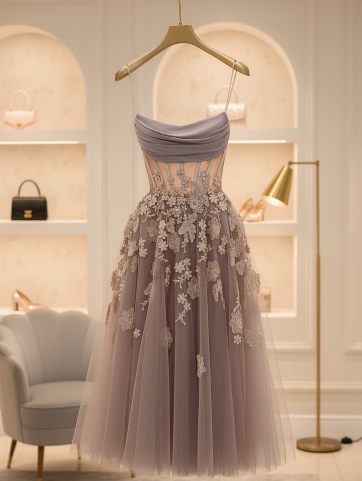 Lavender A-line mesh dress with floral embroidery hanging on a gold hanger in a boutique.