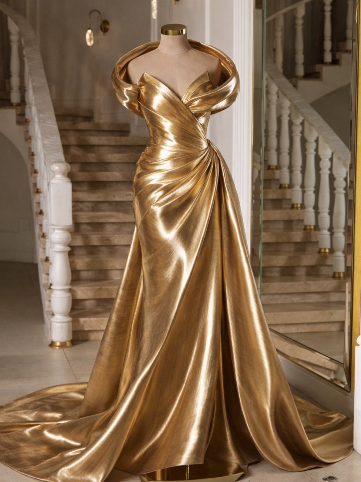 A metallic gold gown with a draped bodice displayed on a mannequin near a staircase.
