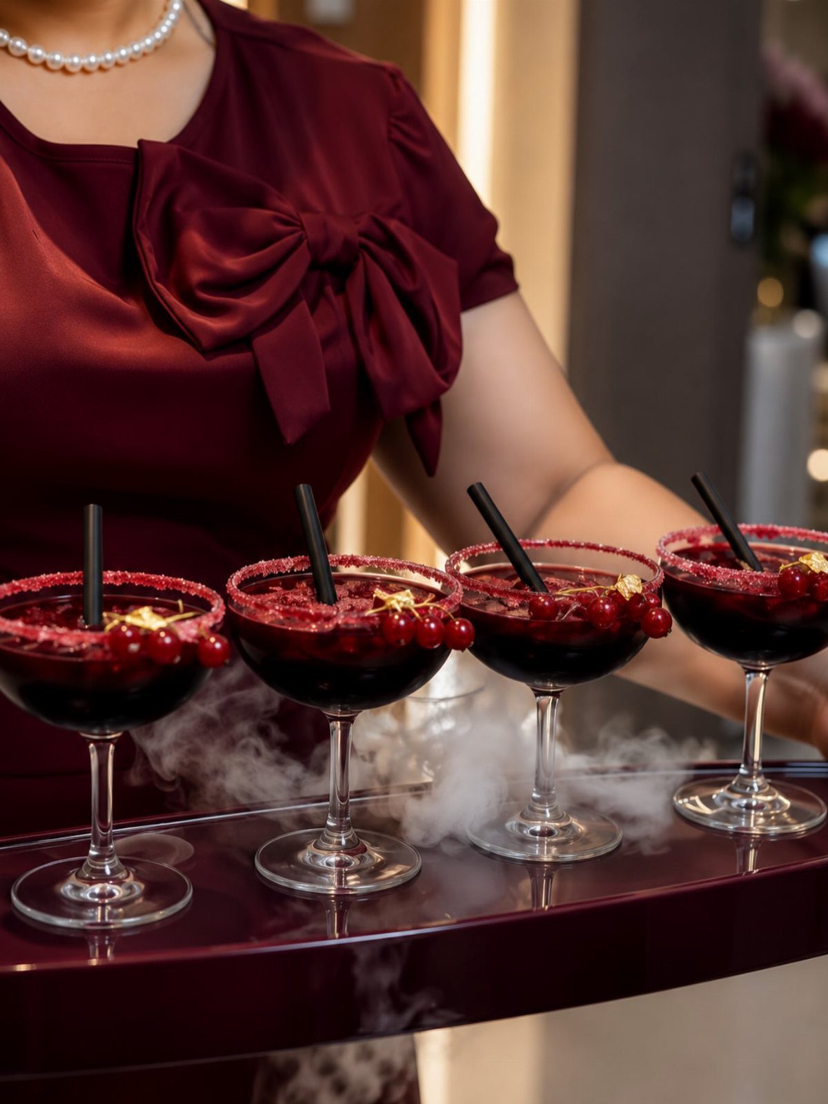 Four red cocktails with gold flakes and berries served on a tray with swirling white smoke.