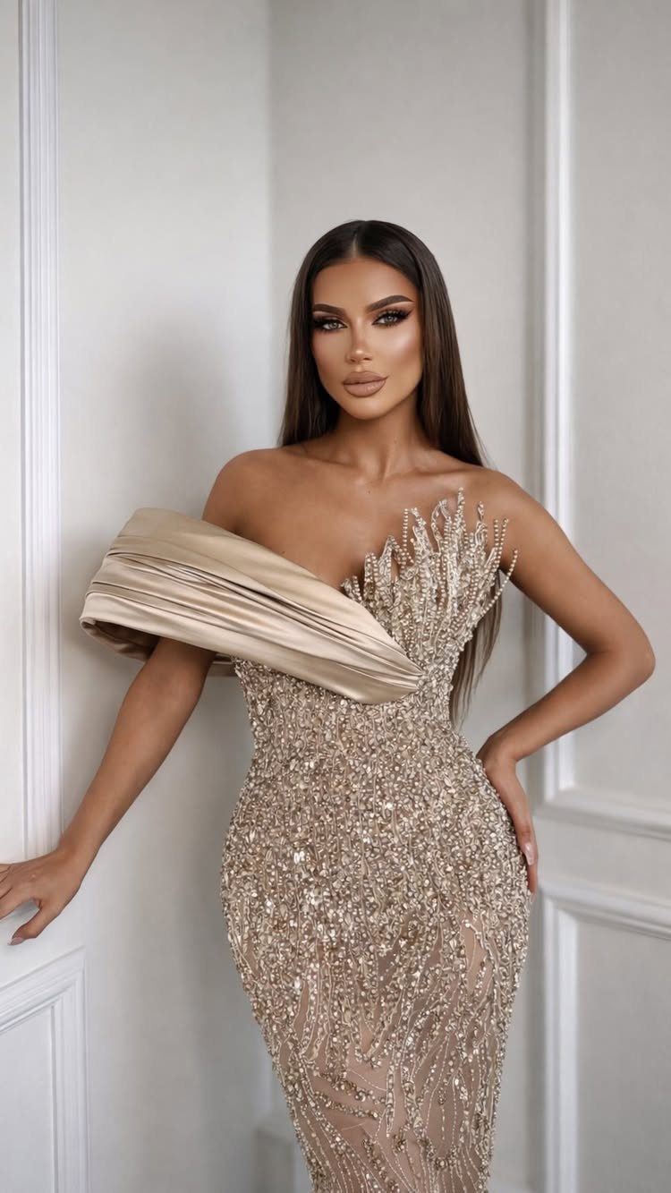 Woman posing in a shimmering champagne sequined evening gown with a sculptural shoulder detail.