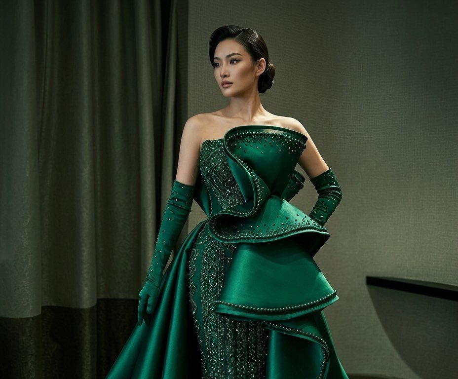 Woman in a sculptural emerald green beaded ball gown and matching long gloves.