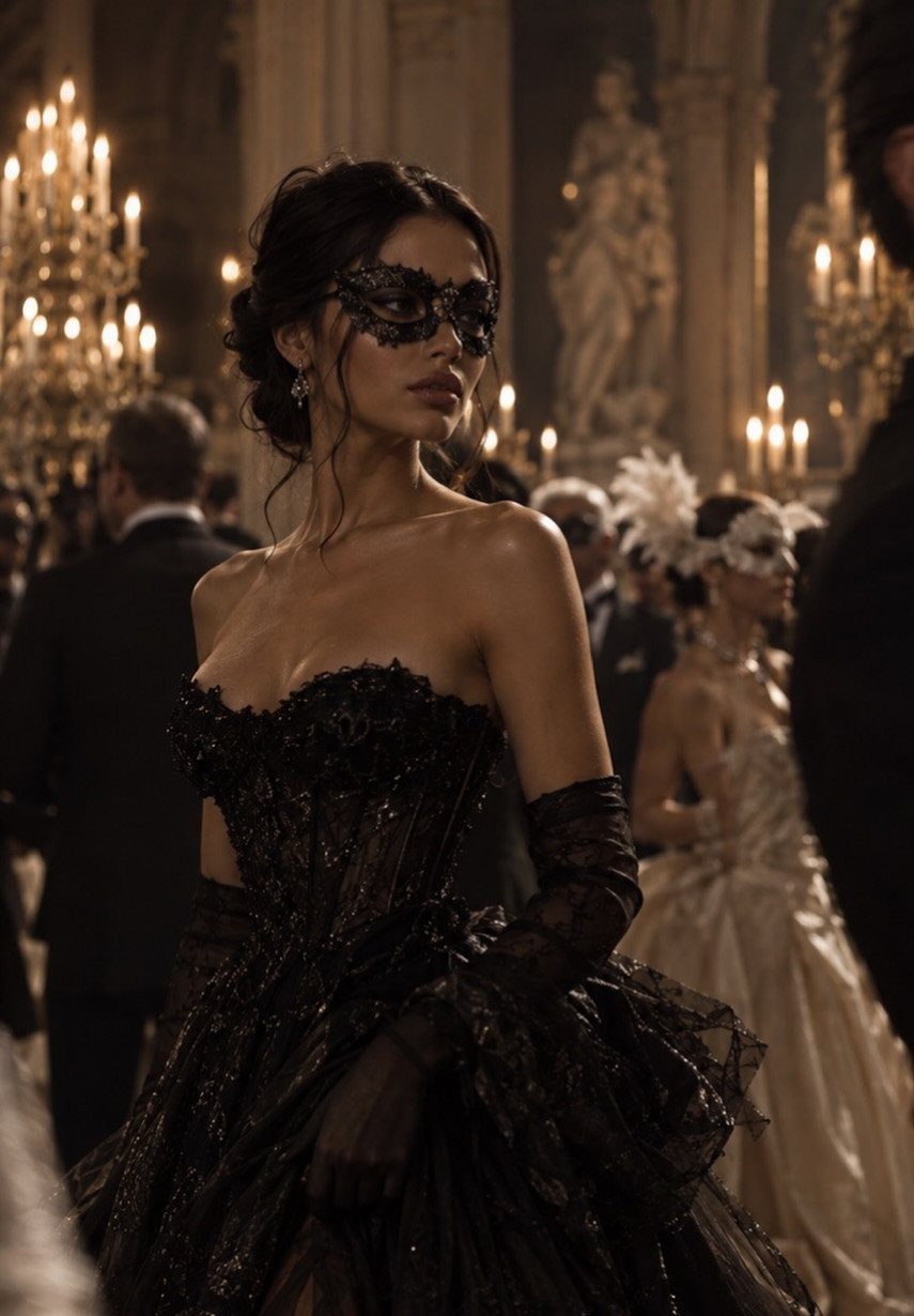 Woman wearing a black lace corset gown and a matching lace masquerade mask in a ballroom.