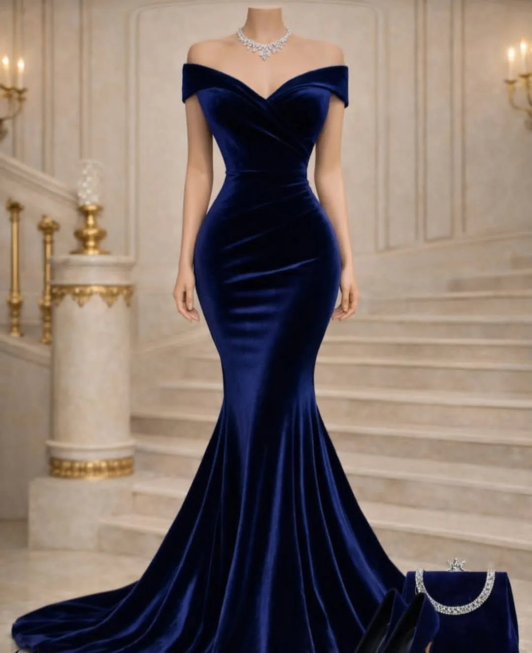 Navy blue velvet mermaid evening gown displayed on a mannequin against marble stairs.