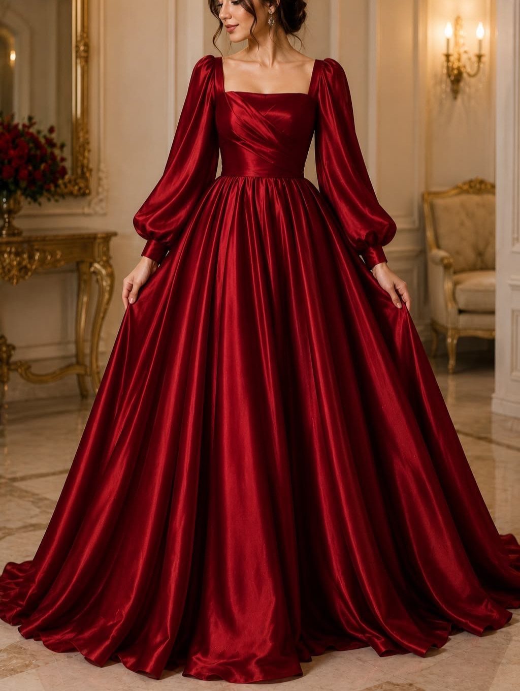 Woman in a voluminous red satin ball gown with long puffed sleeves standing in an elegant room.