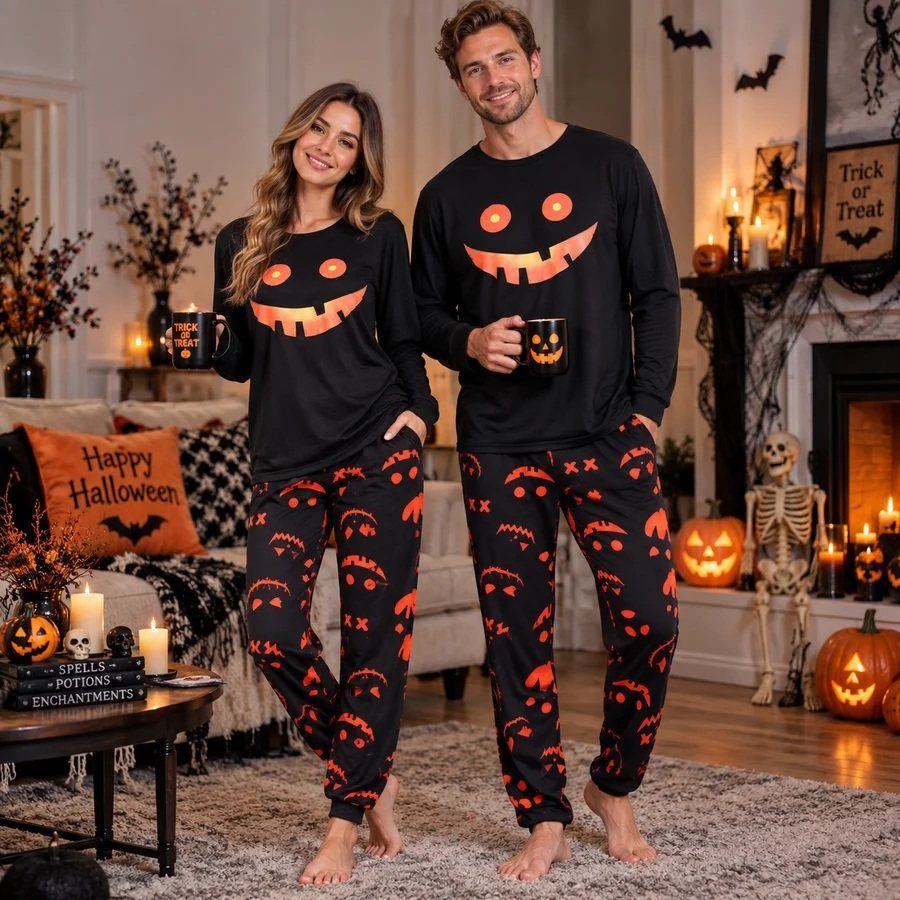 A smiling couple wearing matching black and orange Halloween themed loungewear sets holding mugs.