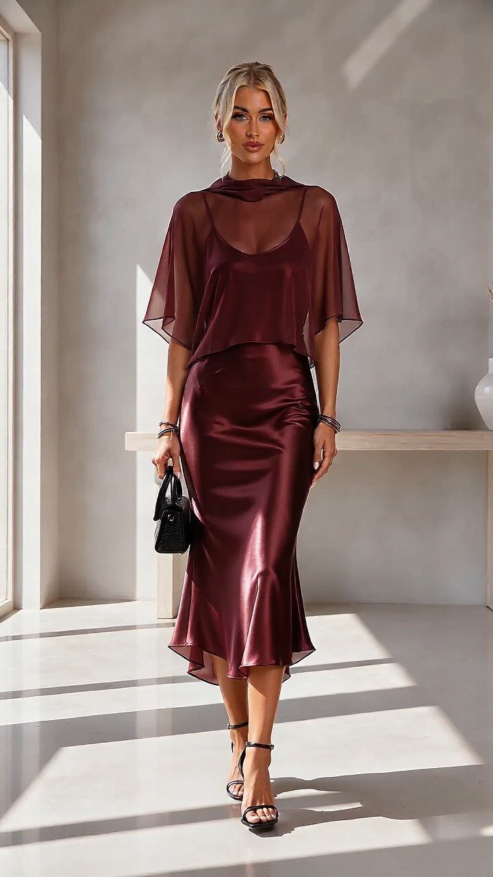 Blonde woman wearing a maroon satin midi dress with a sheer flowy chiffon overlay and black heels.
